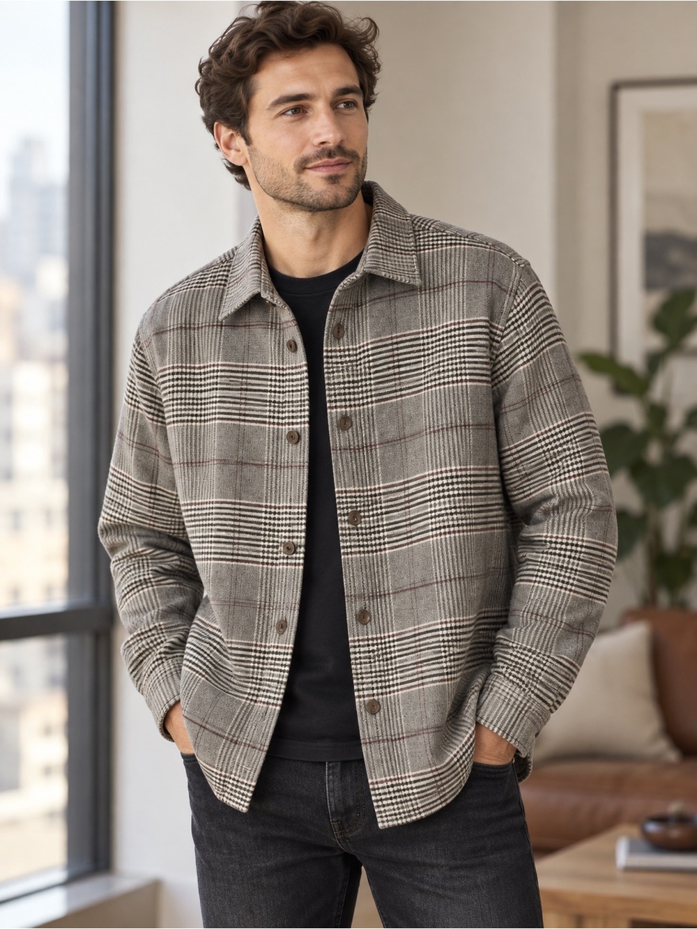 Banana republic Men's Grey Plaid Button-Front Jacket Shirt